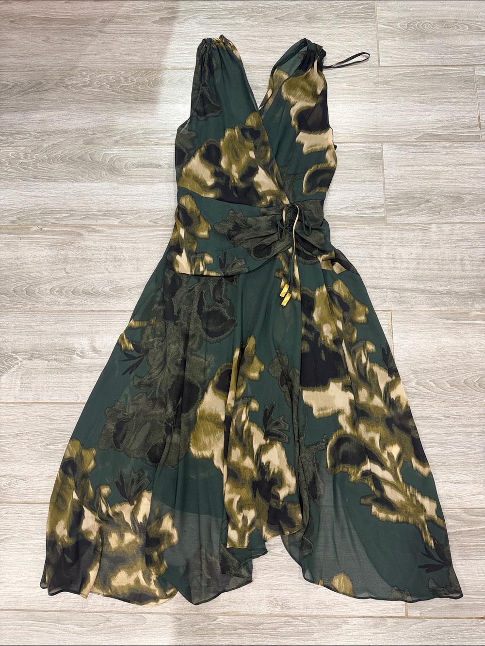 Donna Karan Sleeveless Green Floral Wrap Dress size 10